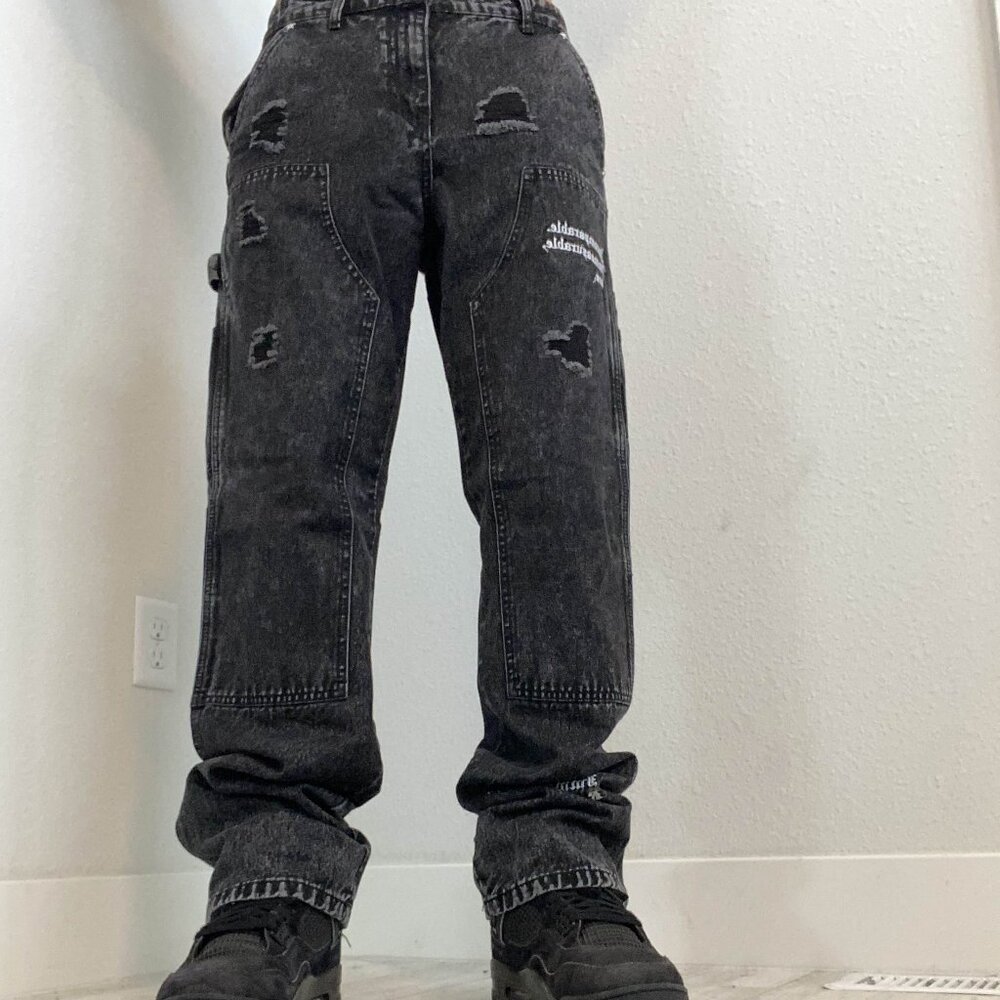 Black Distressed Embroidered Jeans | Size 32 | Grunge/Y2K | Quick Shipping